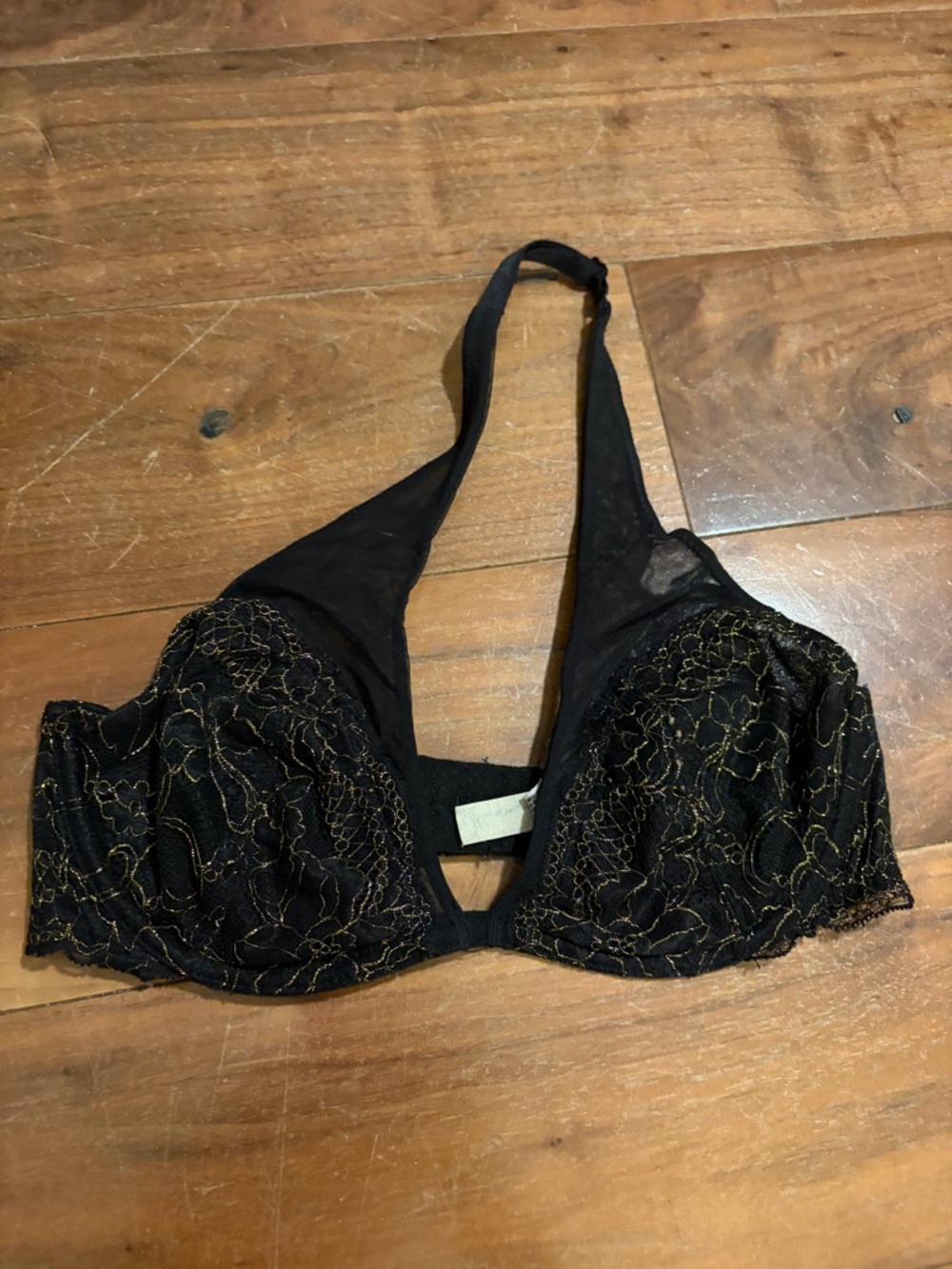 Black Lace Halter Bra with Gold Accent